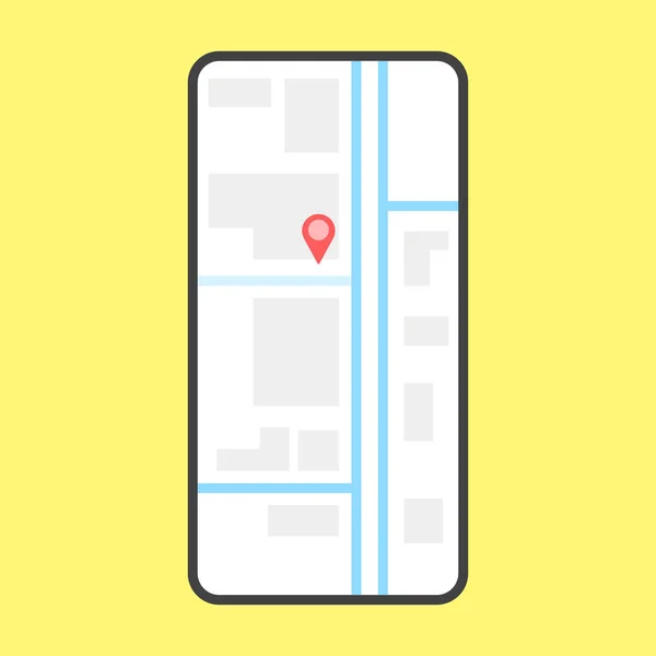 Diseño de la página de la aplicación móvil GPS Navegación. Lite teléfono inteligente detallado con mapa de la ciudad, punto de control y ruta del taxi. Vector sobre fondo amarillo — Archivo Imágenes Vectoriales