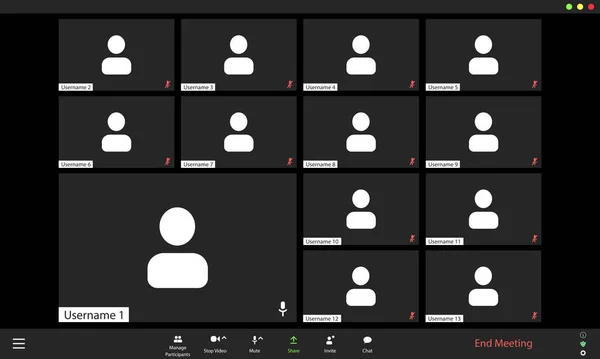 Interfaz de usuario de videoconferencia, superposición de ventanas de videollamadas — Archivo Imágenes Vectoriales