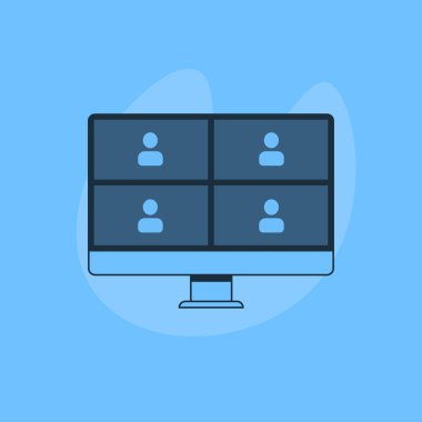 Çevrimiçi video görüşmesi. Dört kullanıcı. Çevrimiçi Webinar, toplantı. Meslektaşlar düzeyinde giyim ve web toplantıları, modern eğitim