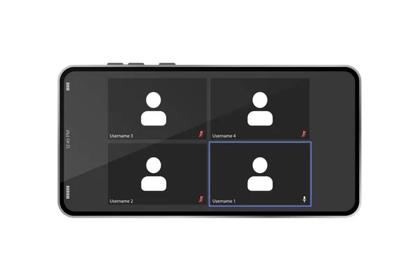 Modello di videochiamata sullo schermo del telefono. Concetto di webinar — Vettoriale Stock