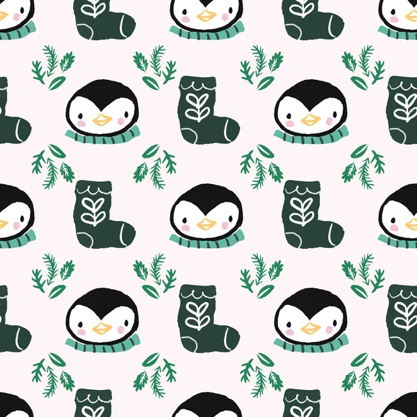 Penguin meia deixa cachecol Natal sem costura padrão Vetores De Stock Royalty-Free