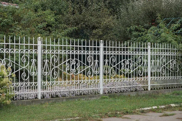 Demir çubuklardan yapılmış beyaz metal bir çitin dışında yeşil çimlerde dövülmüş bir desen var.
