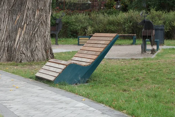 Banco Madera Marrón Vacío Está Parado Hierba Verde Por Una —  Fotos de Stock