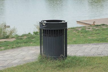 Gri kaldırımda bir siyah metal çöp tenekesi ve göl suyunun kıyısında yeşil çimenler duruyor.