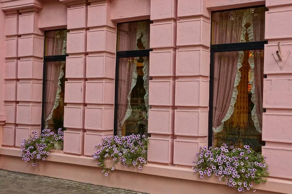 Una Pared Hormigón Rosa Una Casa Con Una Fila Tres — Foto de Stock