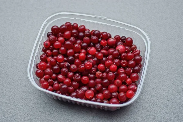 food from red small ripe cranberries in a white plastic plate stands on a gray table