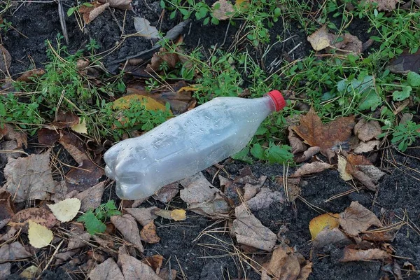 Basura Una Botella Plástico Blanco Encuentra Suelo Negro Con Hierba —  Fotos de Stock