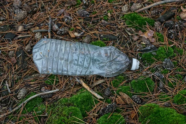 大きな空の白いペットボトルから出るゴミは緑の苔と森の乾燥した茶色の針にあります — ストック写真