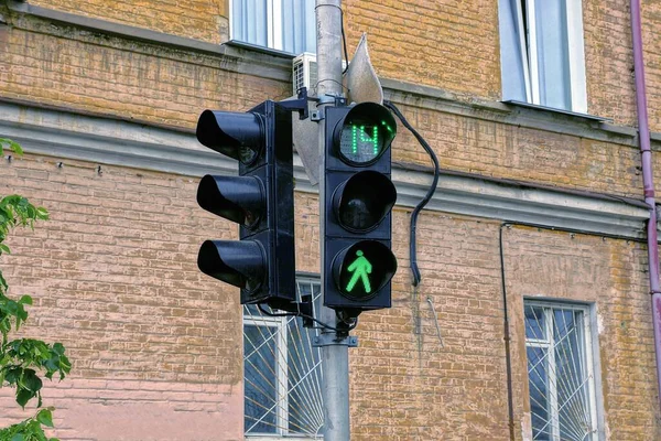 one black traffic light with a green signal on a gray pole on the street against a brown brick wall with windows