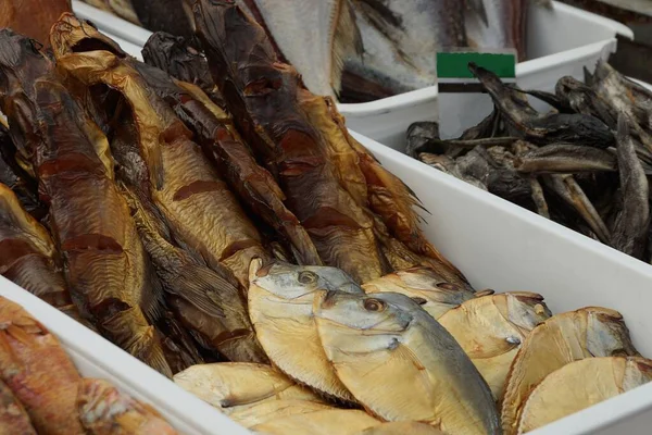 Banyak Ikan Herring Coklat Laut Asap Dan Muntah Dalam Kotak — Stok Foto