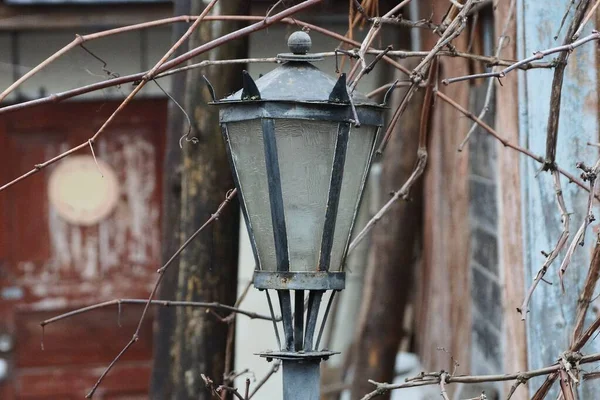 One Old Black Iron Lantern Gray Glass Pole Street Brown — Stock Photo, Image