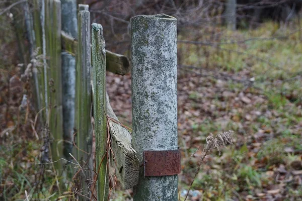 Partie Une Vieille Clôture Détruite Faite Planches Bois Pilier Béton — Photo