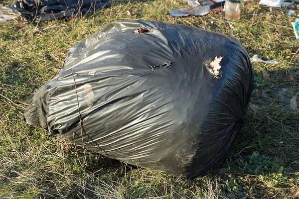 Jeden Duży Szmaciany Czarny Plastikowy Worek Śmieciami Leży Zielonej Trawie — Zdjęcie stockowe