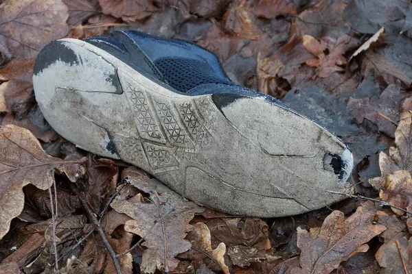 Basura Una Zapatilla Vieja Desgarrada Azul Con Una Suela Gris —  Fotos de Stock