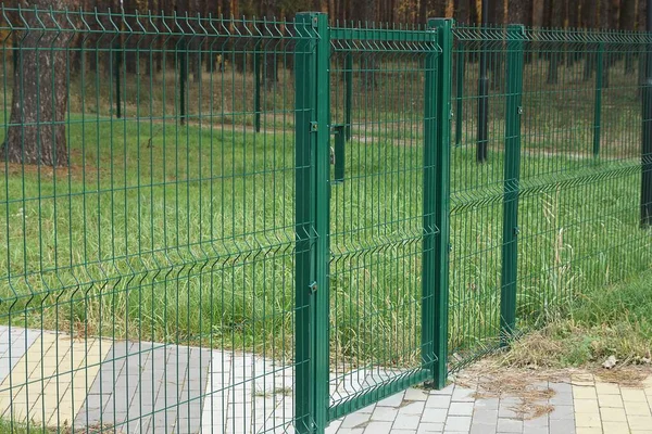 Ağdaki metal çubuklardan yapılmış yeşil bir çitin parçası ve gri kaldırımda kapalı bir kapı ve ağacın yanındaki çimenler.