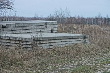 Bir yığın eski gri beton döşeme sokakta kuru çimlerde yatıyor.