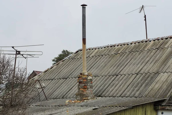 One Long Gray Chimney Pipe Slate Roof Sky — Stock Photo, Image