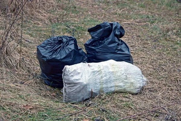 Tři Velké Plastové Pytle Odpadky — Stock fotografie