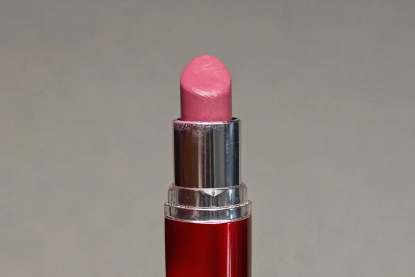 Open Pink Lipstick Plastic Bottle Gray Background — Φωτογραφία Αρχείου