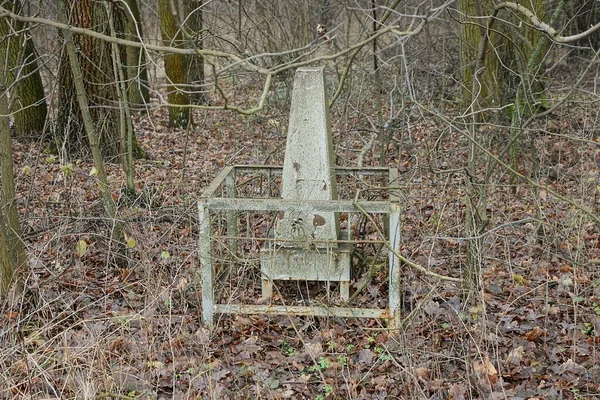 Gri Metal Bir Anıtı Olan Eski Bir Mezar Kuru Çimlerde — Stok fotoğraf