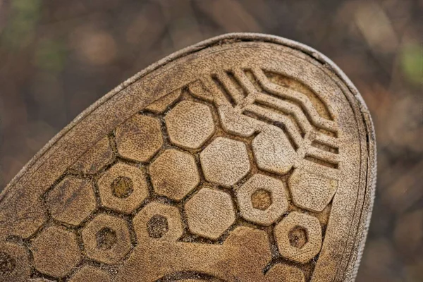 Teil Eines Einzigen Schuhs Aus Einer Braunen Kunststoffsohle Auf Grauem — Stockfoto