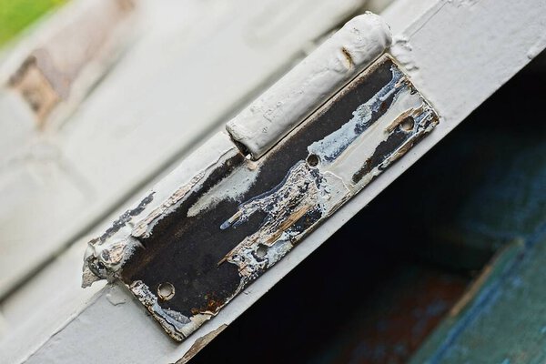 one black iron door hinge on a white plank of a wooden old door