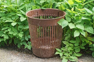 Caddedeki yeşil bitki örtüsünün yanındaki asfaltta kahverengi, kirli, boş bir çöp sepeti duruyor.