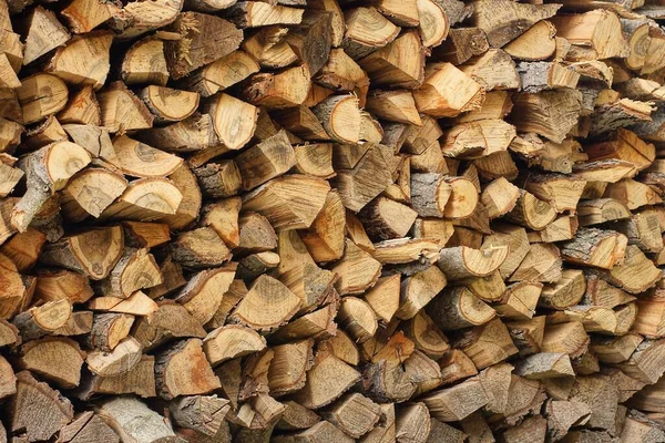 Braune Holzstruktur Aus Einem Haufen Kiefernbrennholz Gegen Die Wand Auf — Stockfoto