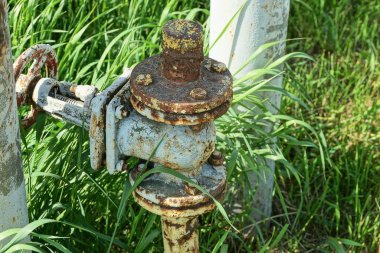 Bir büyük gri demir vana ve caddede yeşil çimlerin üzerinde büyüyen sarı bir gaz borusu.