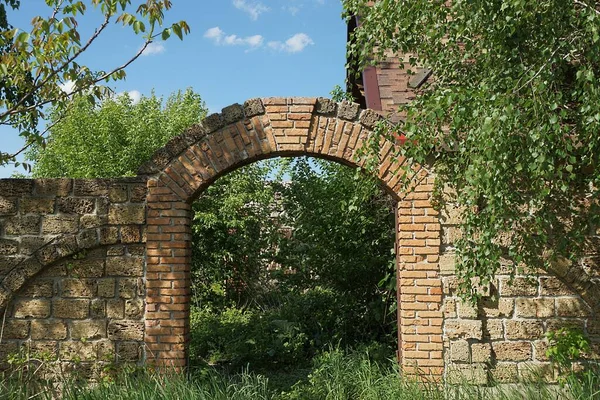 Vacío Abandonado Viejo Puerta Ladrillo Marrón Muro Valla Calle Cubierto — Foto de Stock