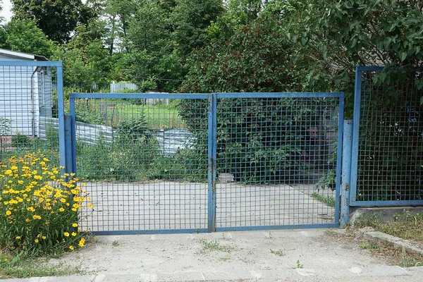 Fechado Portão Metal Azul Feito Malha Ferro Rua Vegetação Verde — Fotografia de Stock