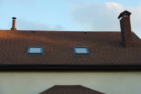 Brown Tiled Roof Gray Private House Two Windows One Brick — Stock Photo, Image