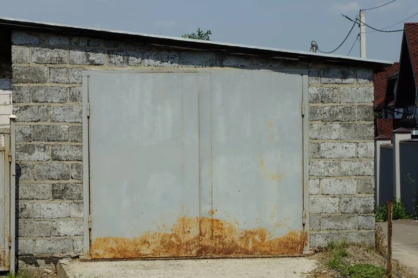 Facade Gray Brick Garage Iron Gate Brown Rusty Rural Street Stock Image