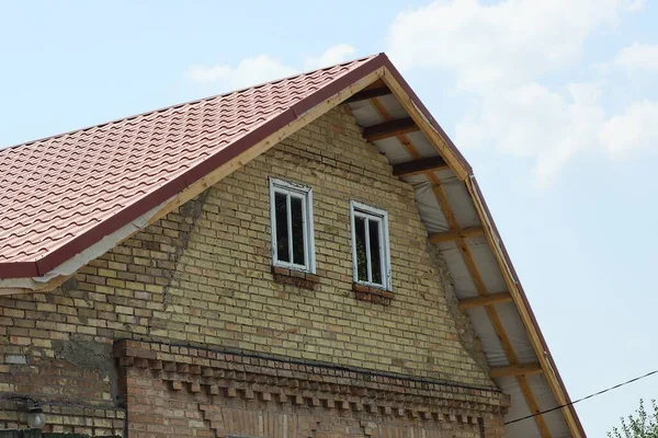 Brown Bricks Attic Private House Windows Red Tiled Roof Blue — Stock Photo, Image