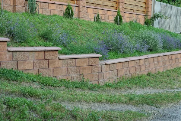 Lange Braune Ziegel Dekorative Grenzmauer Grünem Gras Und Vegetation Freien — Stockfoto