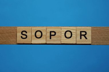 mavi arkaplanda siyah yazı tipi olan küçük kare tahta harflerle sopor.