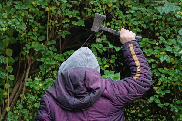 Mor ceketli agresif bir adam ve gri kapüşonlu bir adam elindeki baltayı bahar sokağındaki yeşil bitki örtüsünün arka planına doğru sallıyor.