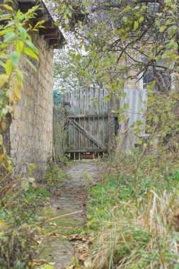 Gri eski ahşap bir kapı ve yeşil çimenlikteki özel bir bahçede asfalt bir yolun arkasındaki çitin bir parçası.