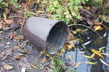 Eski bir kahverengi metal diş minesi kovası bir yaz sokağındaki gölün kıyısında gri zeminde yatıyor.