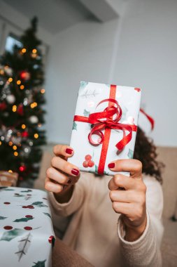 Seçici odaklanma. Oturma odasında oturan güzel bir kadın kameraya Noel hediyesi gösteriyor. Noel arifesinde hediyeleri paketliyor. Noel ailesi köpek konsepti