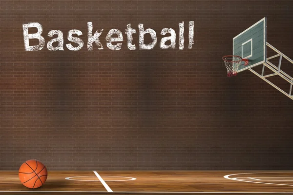 Баскетбольный мяч над лиственной баскетбольной площадкой — стоковое фото
