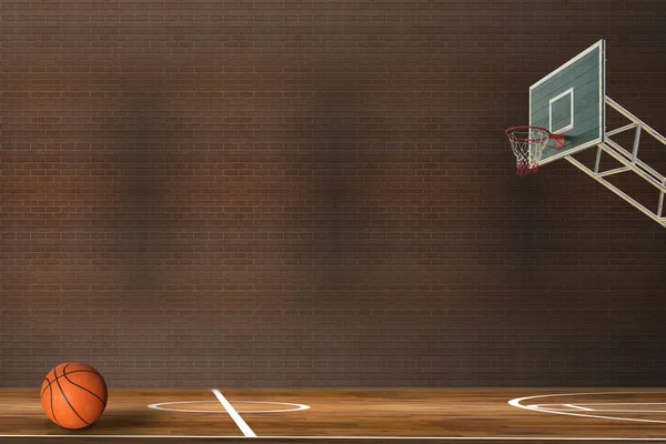 Bola de basquete sobre quadra de basquete de madeira dura — Fotografia de Stock