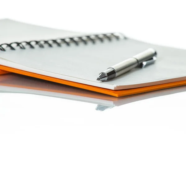 Notebook a pero na bílém pozadí — Stock fotografie
