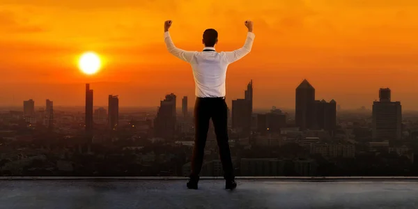 Leadership Concept Business Success Win Result Businessman Standing Roof Looking — Stock Photo, Image