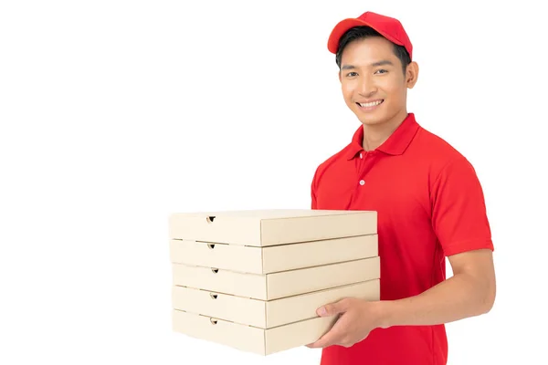 Delivery Man Employee Red Shirt Uniform Holding Empty Cardboard Box — Stock Photo, Image