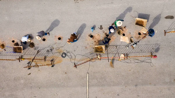 Vista Aérea Los Trabajadores Reparando Carretera — Foto de Stock