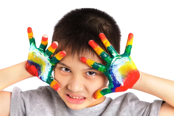 Niño con las manos pintadas en pintura colorida —  Fotos de Stock