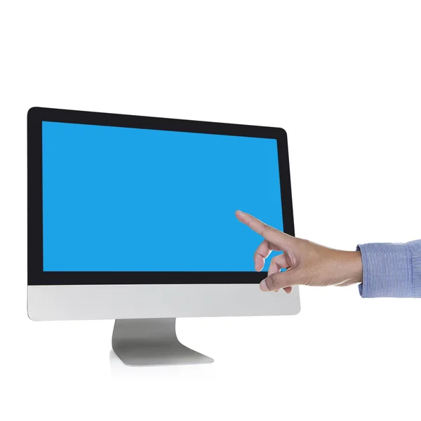 Hand and computer monitor — Stock Photo, Image