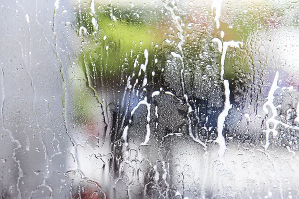 Car wash from inside the windscreen soapy — Stock Photo, Image