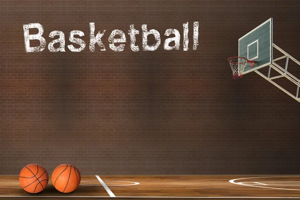 Basket bollen över lövträ basketplan — Stockfoto